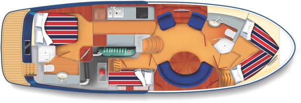 E3 yacht cabin plan with double bed and four single beds